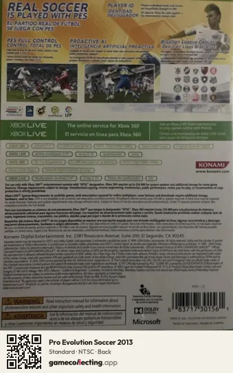Pro Evolution Soccer 2013 Xbox 360, NTSC box back