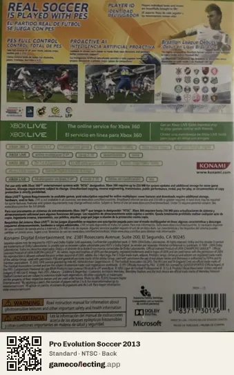 Pro Evolution Soccer 2013 Xbox 360, NTSC box back