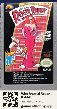 Who Framed Roger Rabbit Nintendo Entertainment System, NTSC cartridge label