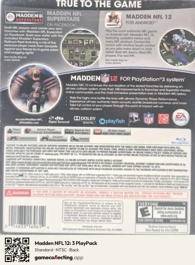 Madden NFL 12: 3 PlayPack PlayStation 3, NTSC box back