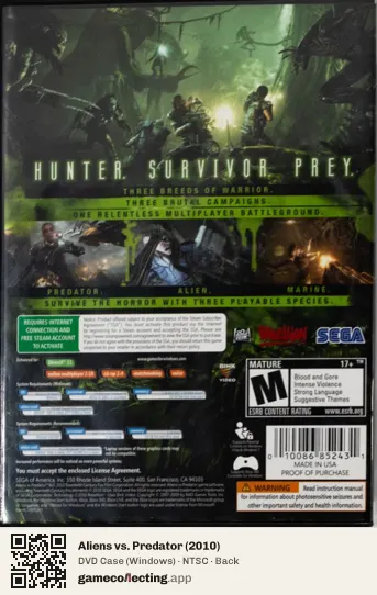 Aliens vs. Predator (2010) Computer, NTSC box back