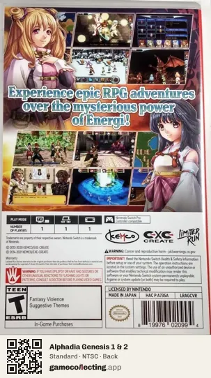 Alphadia Genesis 1 & 2 Nintendo Switch, NTSC box back