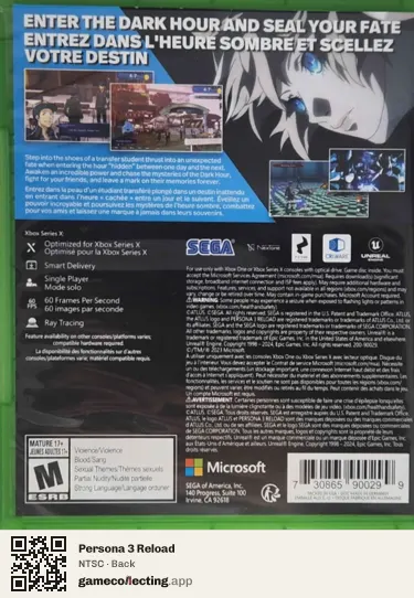 Persona 3 Reload Xbox Series X, NTSC box back