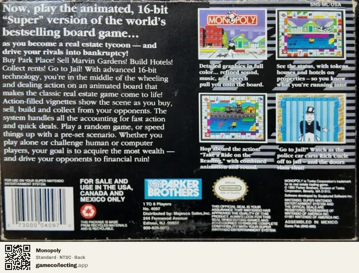 Monopoly Super Nintendo Entertainment System, NTSC box back