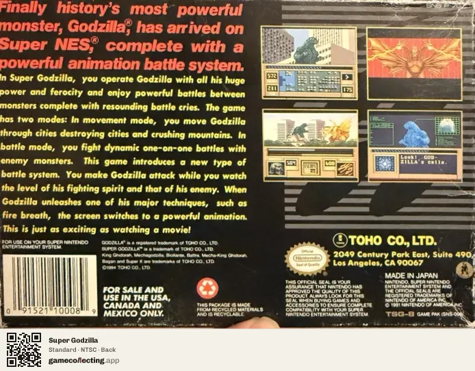 Super Godzilla Super Nintendo Entertainment System, NTSC box back