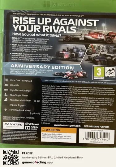 F1 2019 Xbox One, United Kingdom box back