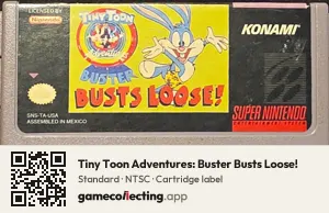 Tiny Toon Adventures: Buster Busts Loose! Super Nintendo Entertainment System, NTSC cartridge label