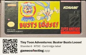 Tiny Toon Adventures: Buster Busts Loose! Super Nintendo Entertainment System, NTSC cartridge label