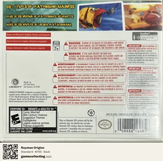 Rayman Origins Nintendo 3DS, NTSC box back