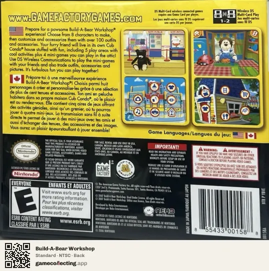Build-A-Bear Workshop Nintendo DS, NTSC box back