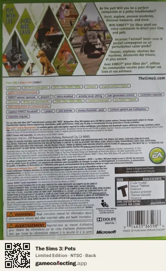 The Sims 3: Pets Xbox 360, NTSC box back