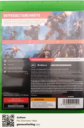 Anthem Xbox One, Germany box back