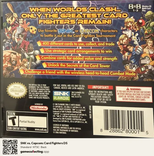 SNK vs. Capcom: Card Fighters DS Nintendo DS, NTSC box back