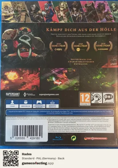 Hades PlayStation 4, Germany box back