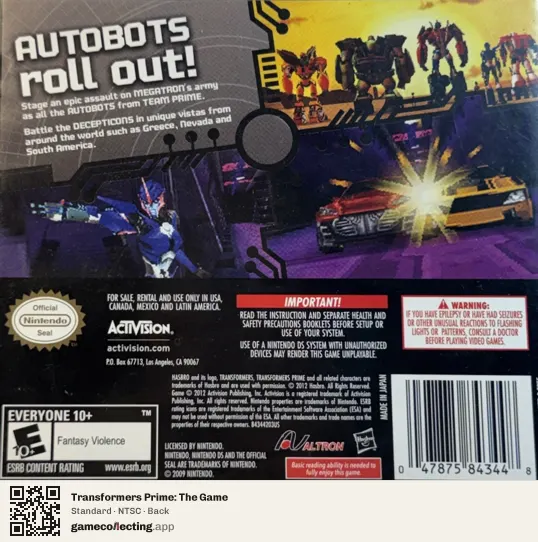 Transformers Prime: The Game Nintendo DS, NTSC box back