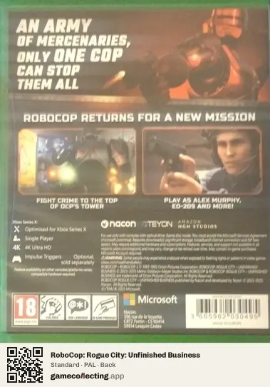 RoboCop: Rogue City: Unfinished Business Xbox Series X, PAL box back