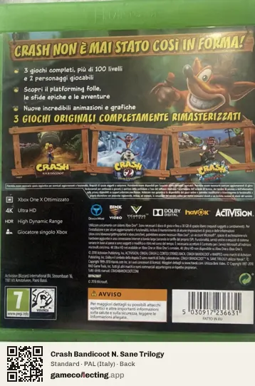 Crash Bandicoot N. Sane Trilogy Xbox One, Italy box back