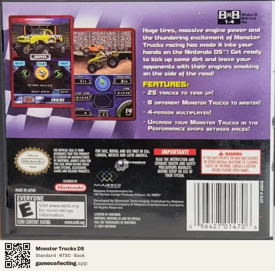 Monster Trucks DS Nintendo DS, NTSC box back