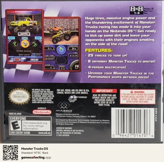 Monster Trucks DS Nintendo DS, NTSC box back