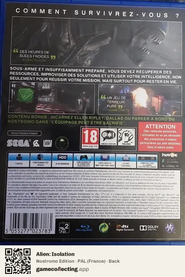 Alien: Isolation PlayStation 4, France box back
