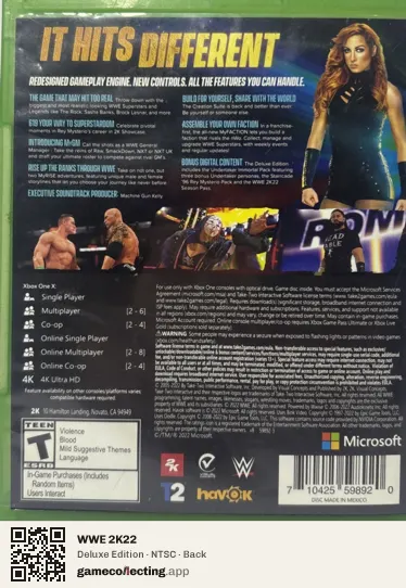 WWE 2K22 Xbox One, NTSC box back