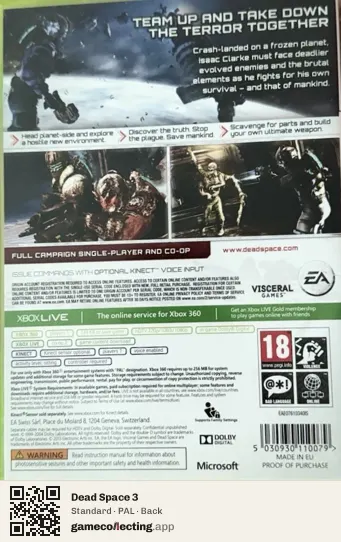 Dead Space 3 Xbox 360, PAL box back