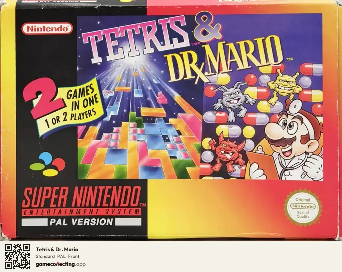 Tetris & Dr. Mario Super Nintendo Entertainment System, PAL box front
