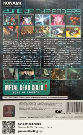 Zone of the Enders PlayStation 2, Germany box back