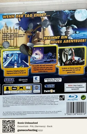 Sonic Unleashed PlayStation 3, Germany box back