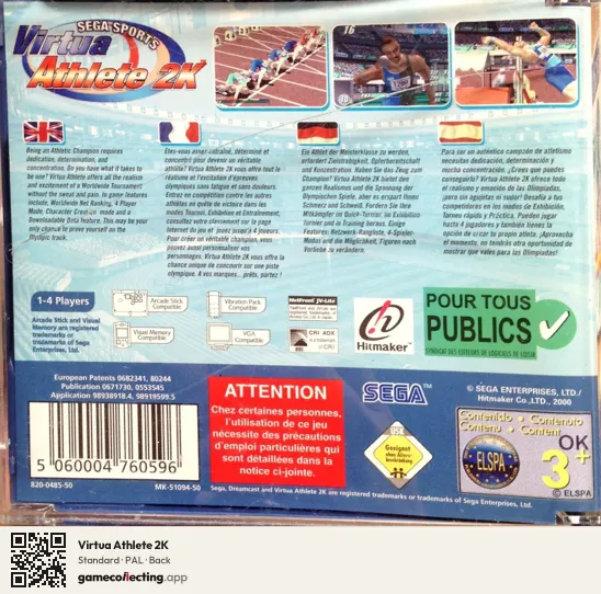 Virtua Athlete 2K Sega Dreamcast, PAL box back