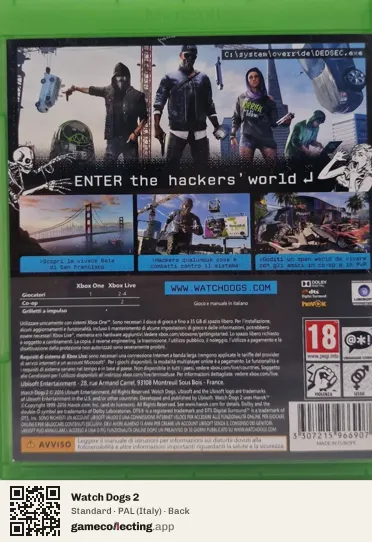 Watch Dogs 2 Xbox One, Italy box back