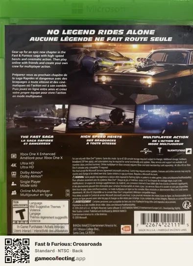 Fast & Furious: Crossroads Xbox One, NTSC box back