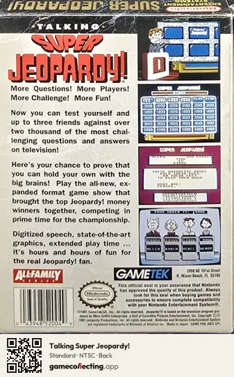 Talking Super Jeopardy! Nintendo Entertainment System, NTSC box back