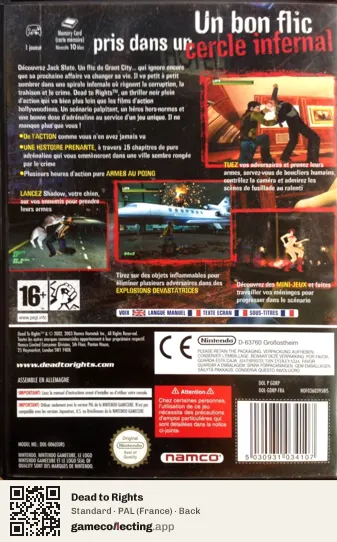 Dead to Rights Nintendo GameCube, France box back