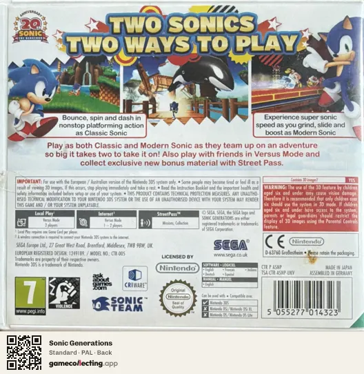 Sonic Generations Nintendo 3DS, PAL box back