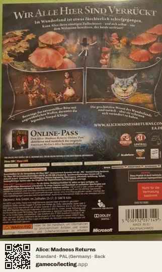 Alice: Madness Returns Xbox 360, Germany box back