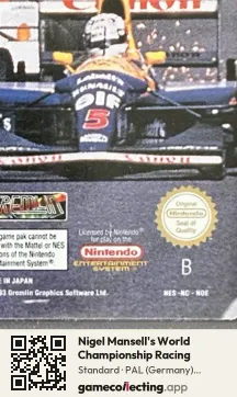 Nigel Mansell's World Championship Racing Nintendo Entertainment System, PAL cartridge label