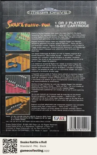 Snake Rattle n Roll Sega Mega Drive / Genesis, PAL box back