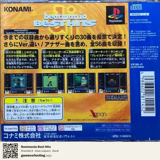 Beatmania Best Hits PlayStation, Japan box back