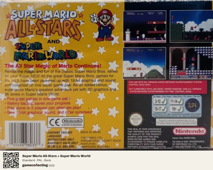 Super Mario All-Stars + Super Mario World Super Nintendo Entertainment System, PAL box back