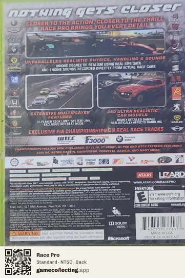 Race Pro Xbox 360, NTSC box back
