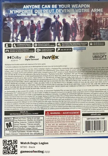 Watch Dogs: Legion PlayStation 5, NTSC box back