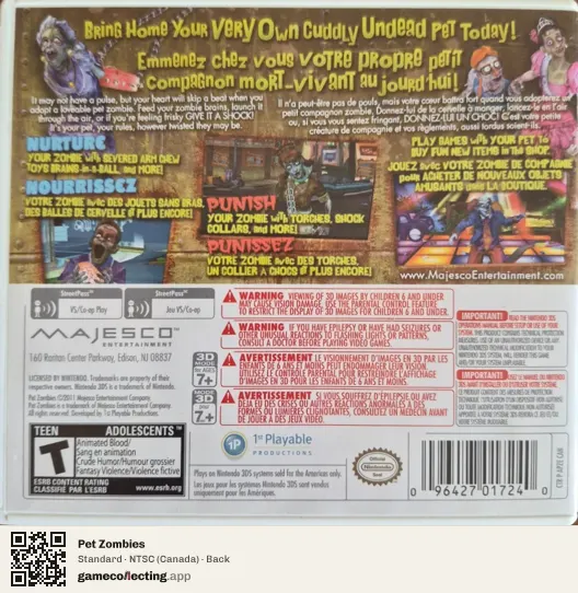 Pet Zombies Nintendo 3DS, Canada box back