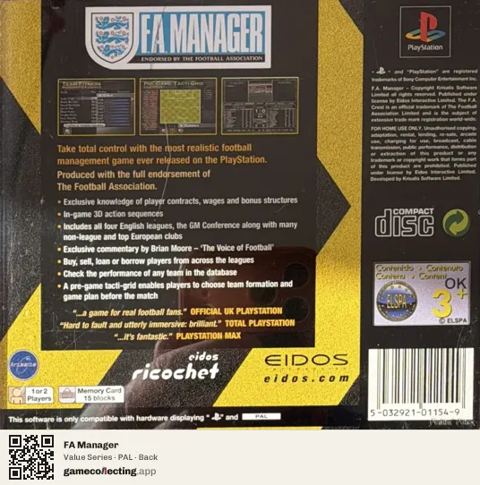 FA Manager PlayStation, PAL box back