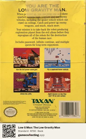 Low G Man: The Low Gravity Man Nintendo Entertainment System, NTSC box back