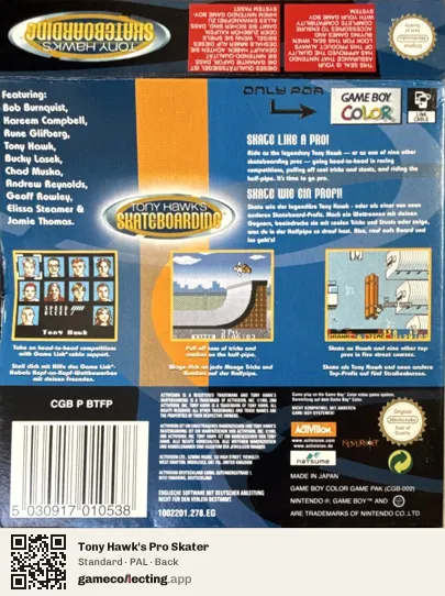 Tony Hawk's Pro Skater Game Boy Color, PAL box back