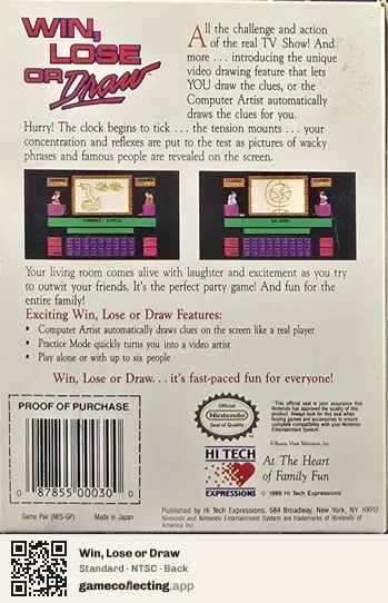 Win, Lose or Draw Nintendo Entertainment System, NTSC box back