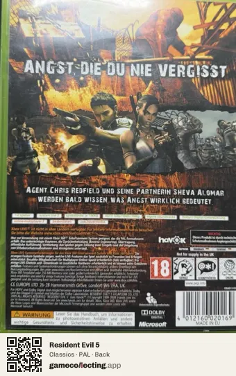 Resident Evil 5 Xbox 360, PAL box back