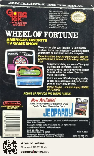 Wheel of Fortune Nintendo Entertainment System, NTSC box back