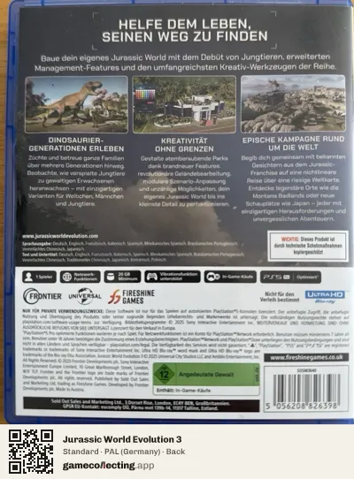 Jurassic World Evolution 3 PlayStation 5, Germany box back